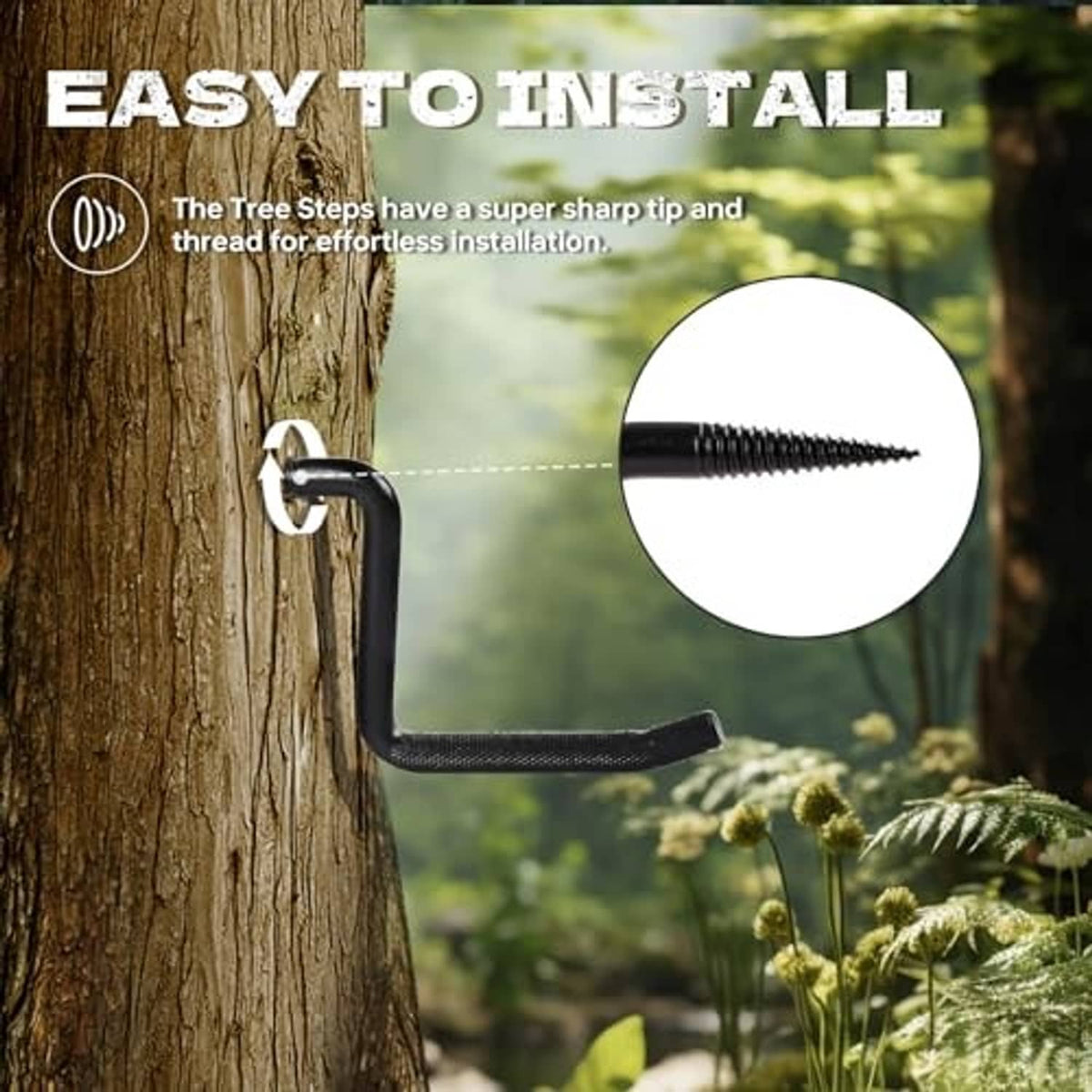 Black screw-in tree step mounted to a tree trunk with threaded screw end