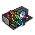 Open-frame DIY gaming computer case with RGB cooling fans installed on a rack base