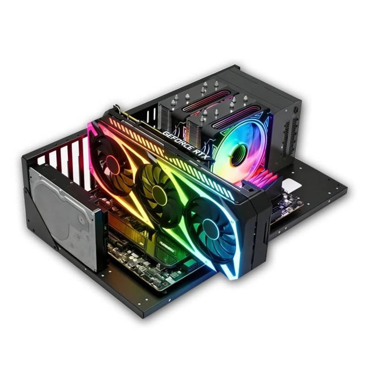 Open-frame DIY gaming computer case with RGB cooling fans installed on a rack base