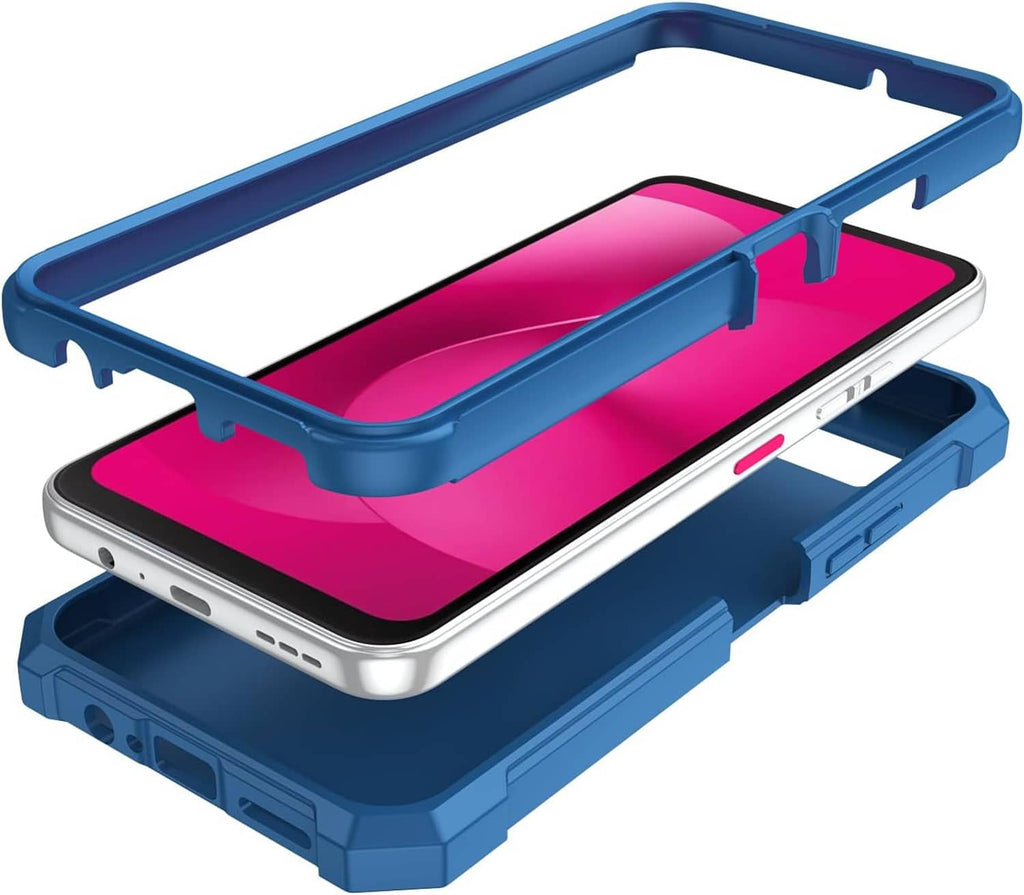 Blue rugged case with raised frame and clear front screen protector for phone