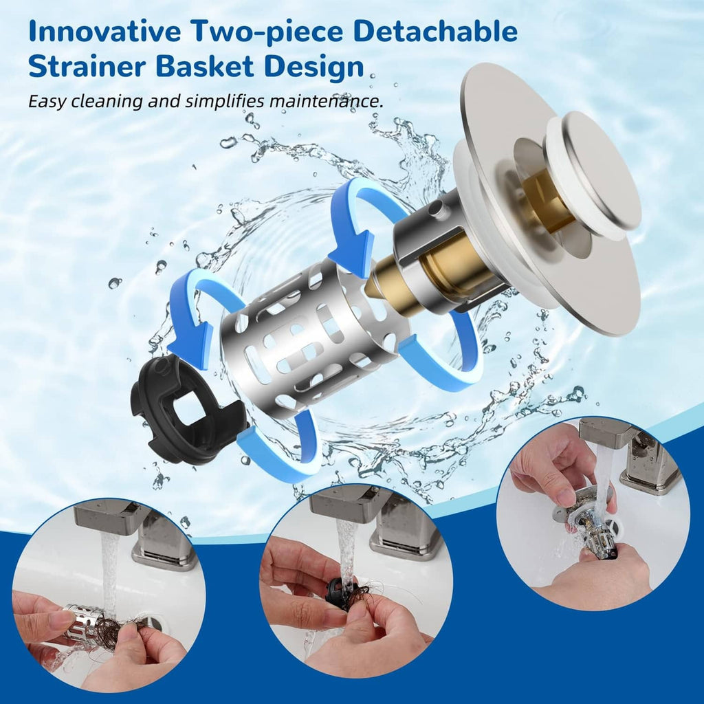 RivetOak Hibbent 2 PCS Upgraded 3 in 1 Bathroom Sink Drain Strainer, Brushed Nickel