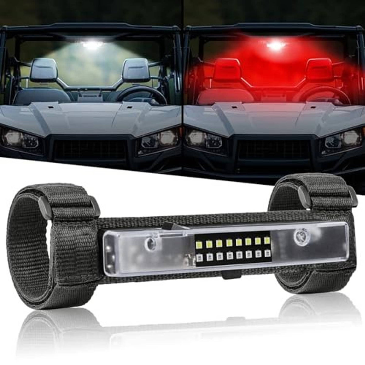 UTV roll bar dome light with clear rectangular lens, black straps, bright LED array