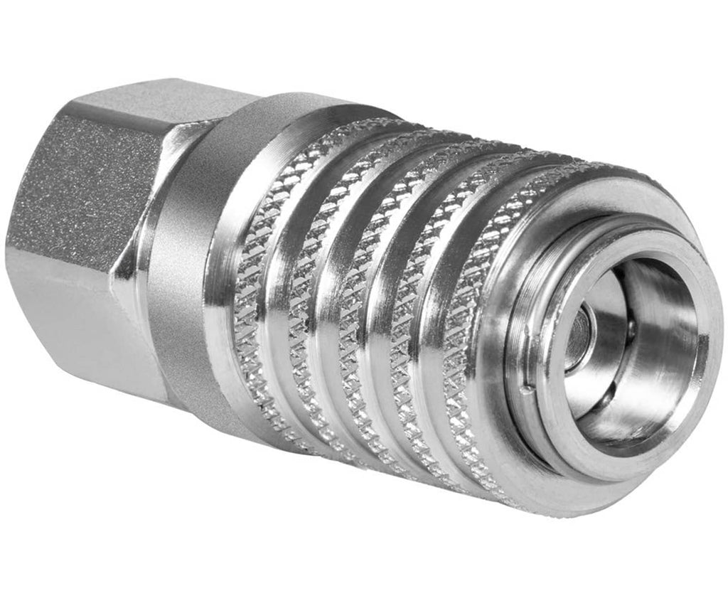 Silver steel test port coupler close-up with knurled sleeve and ridged grip texture