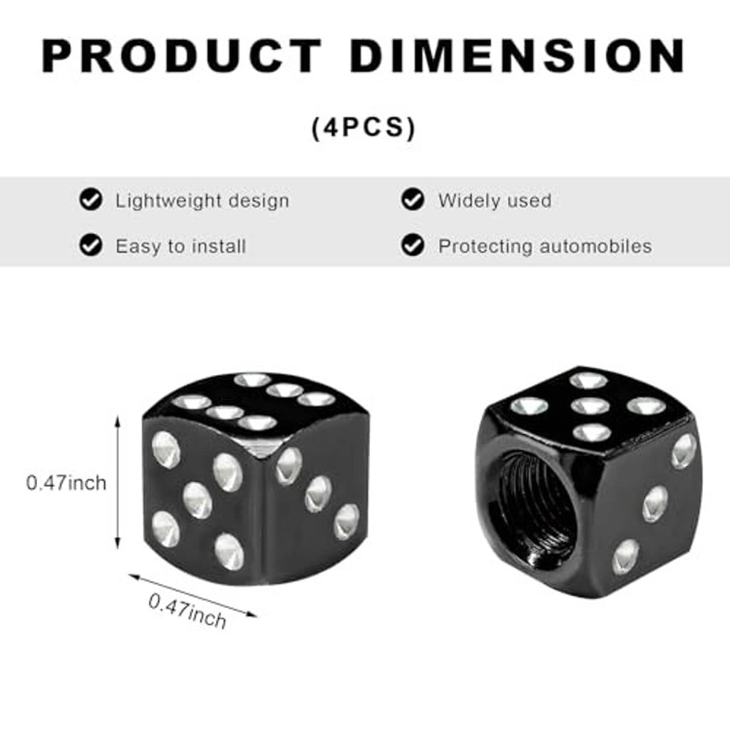 Black dice-style tire valve stem cap with silver dot pattern and threaded opening, 0.47 in