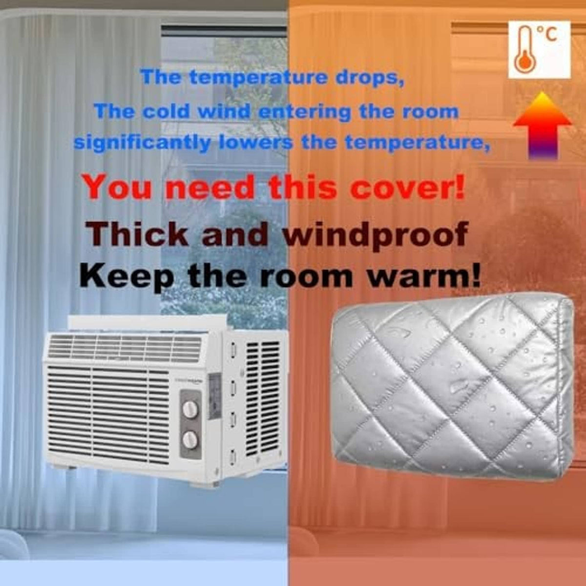 Thick silver quilted air conditioner cover with water-resistant dotted surface