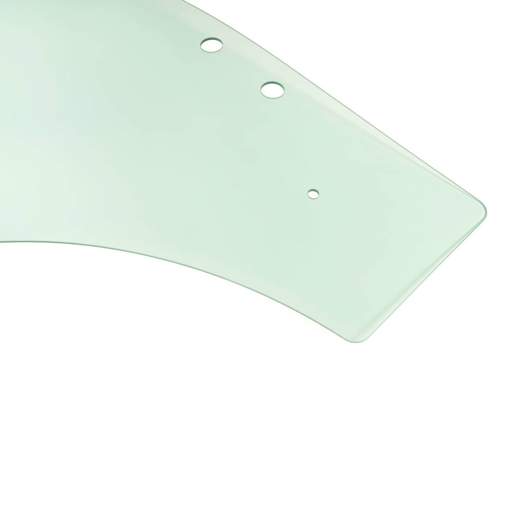 Light green right cab door glass panel with curved corner and mounting holes