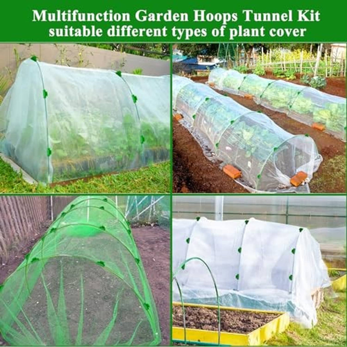 Green garden hoop tunnel supporting a clear plant cover over raised planting bed