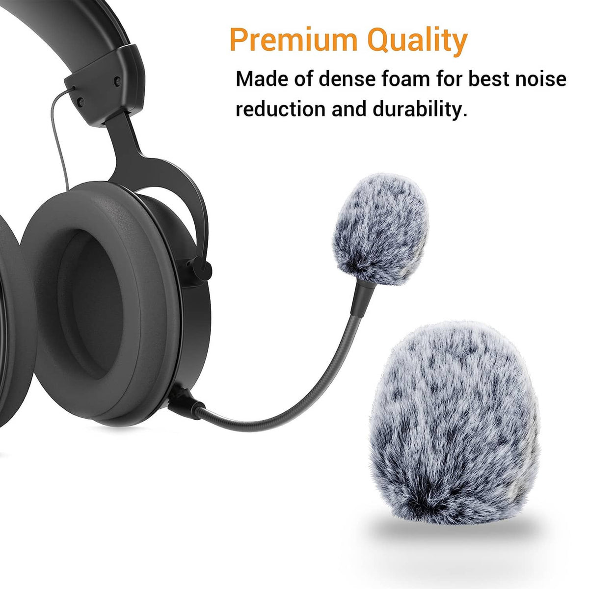 Grey furry microphone windscreen covers attached to a black headset mic boom