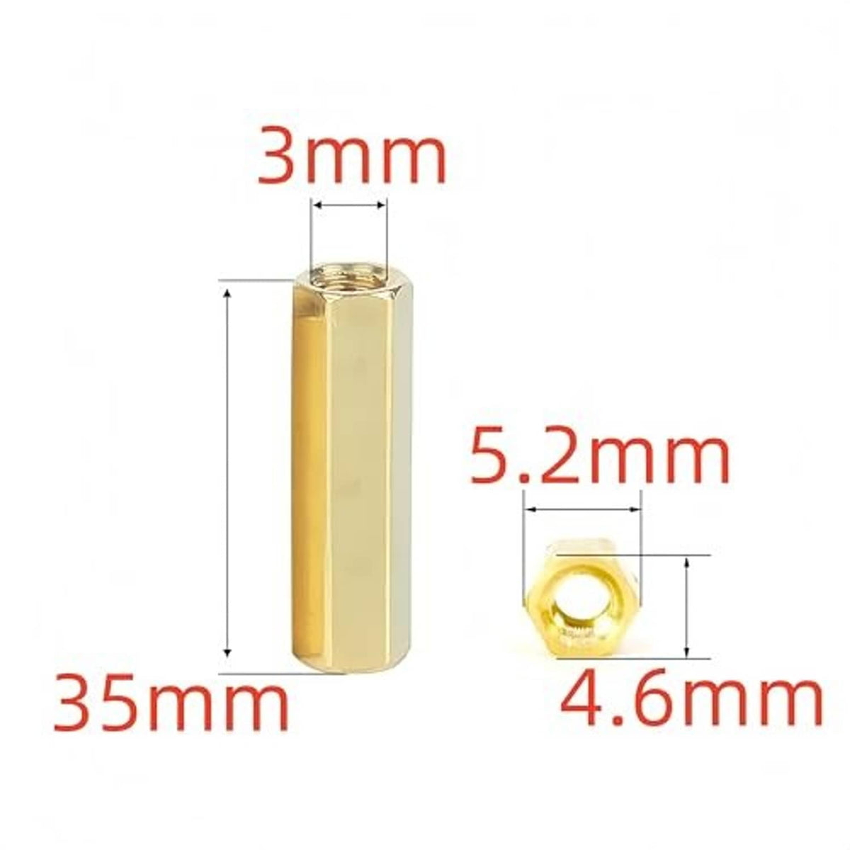Brass long hex nut spacer with female internal thread, shown upright and end view