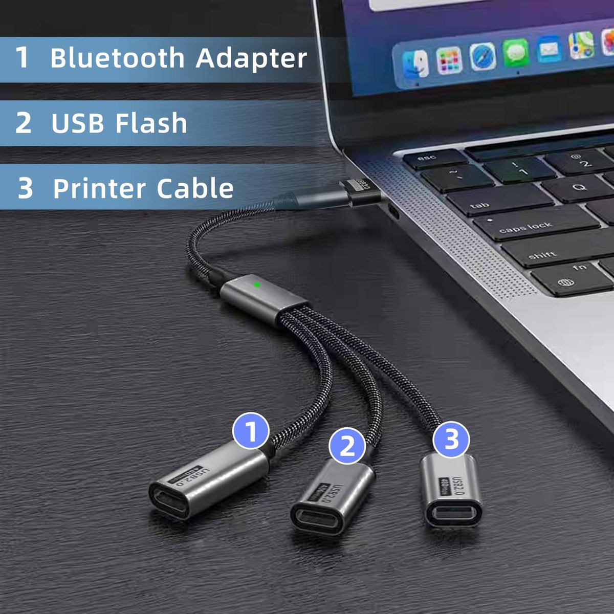 USB-C splitter with braided cable and three USB-C connector ends for multiple devices.