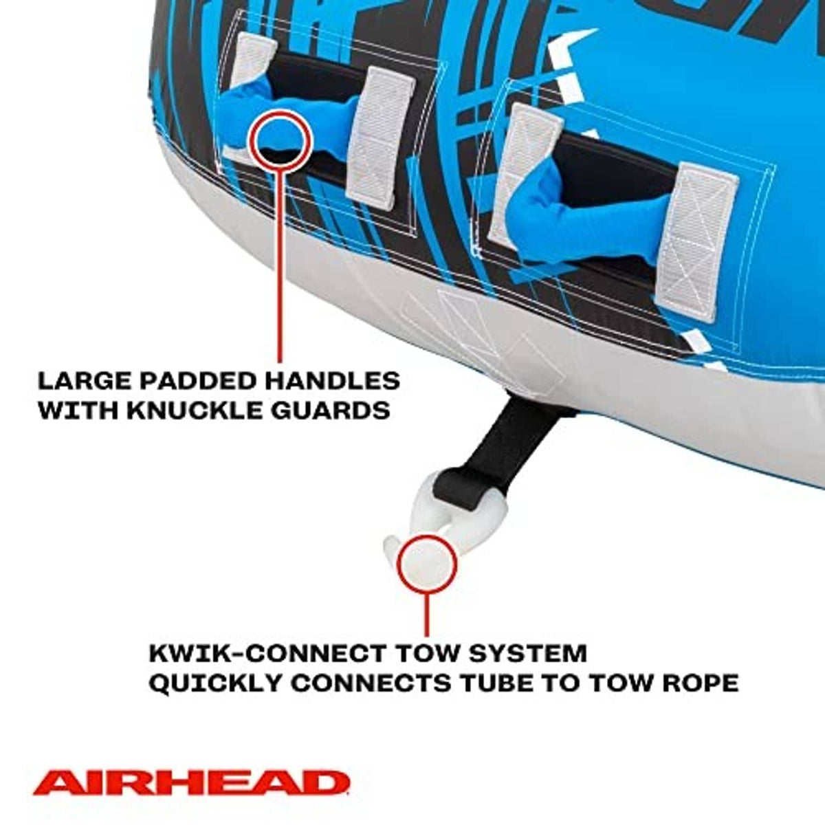 Blue and white inflatable towable tube with large padded handles and knuckle guards