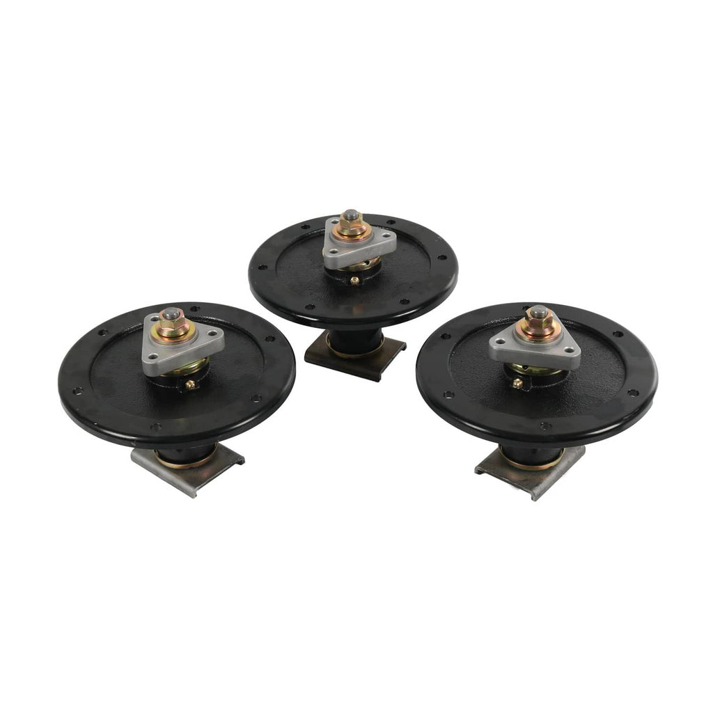Three black mower deck spindles with metal housings and grease fittings