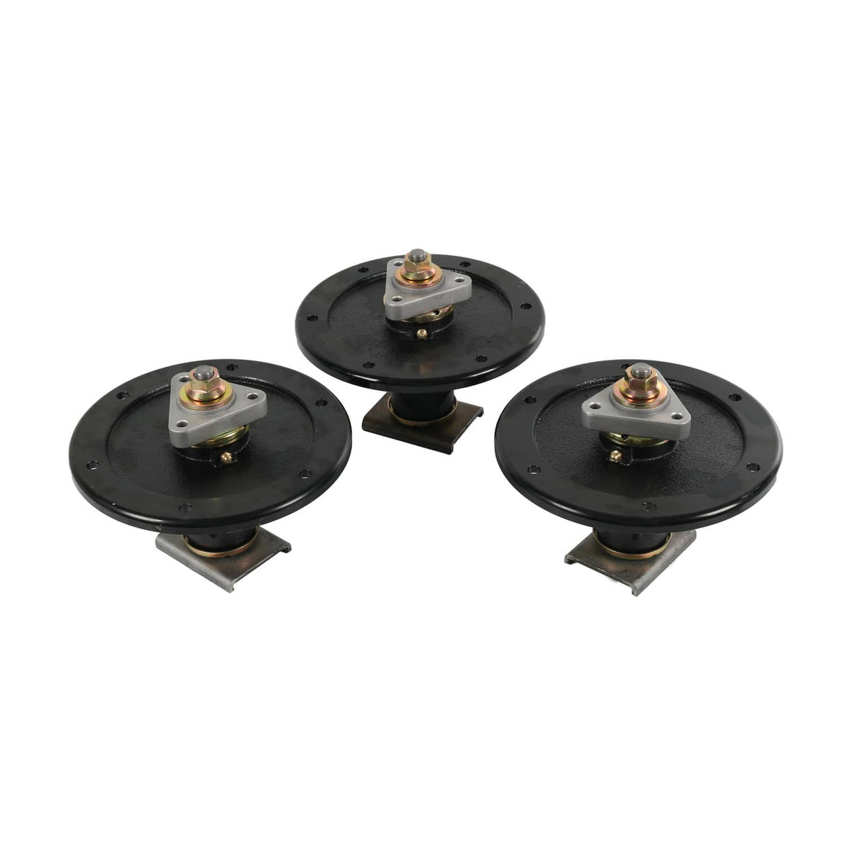 Three black mower deck spindles with metal housings and grease fittings