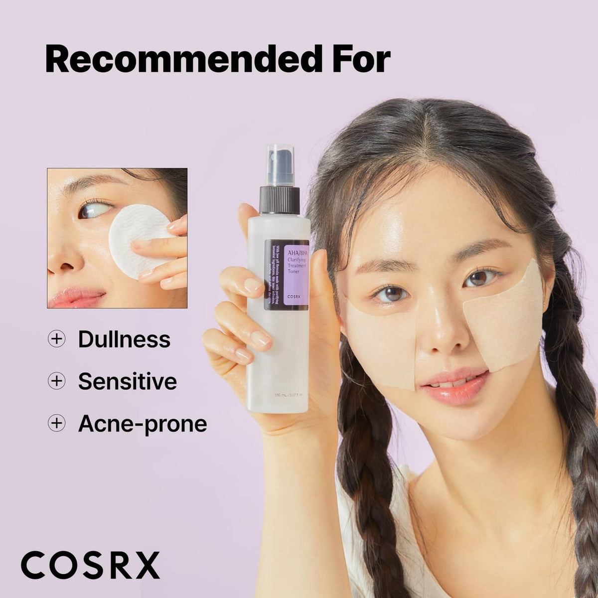 AHA/BHA clarifying toner bottle held with cotton pad near face