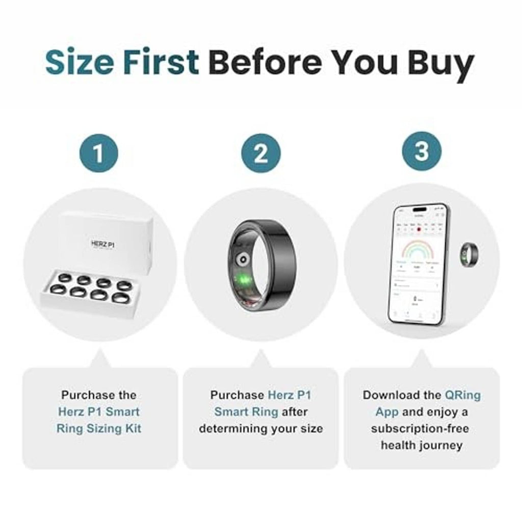 Smart ring sizing kit with black ring sizes and phone app guidance