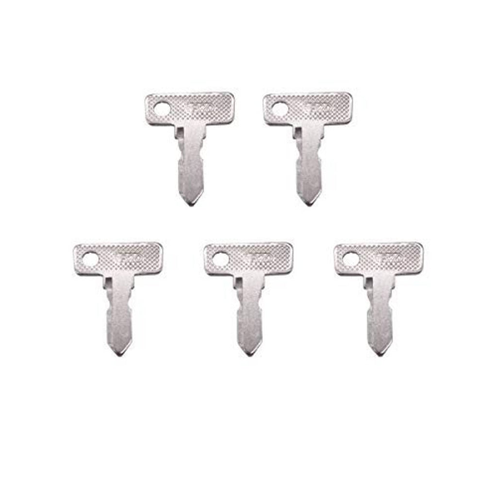 Set of five metal ignition keys with textured rectangular heads and pointed blades