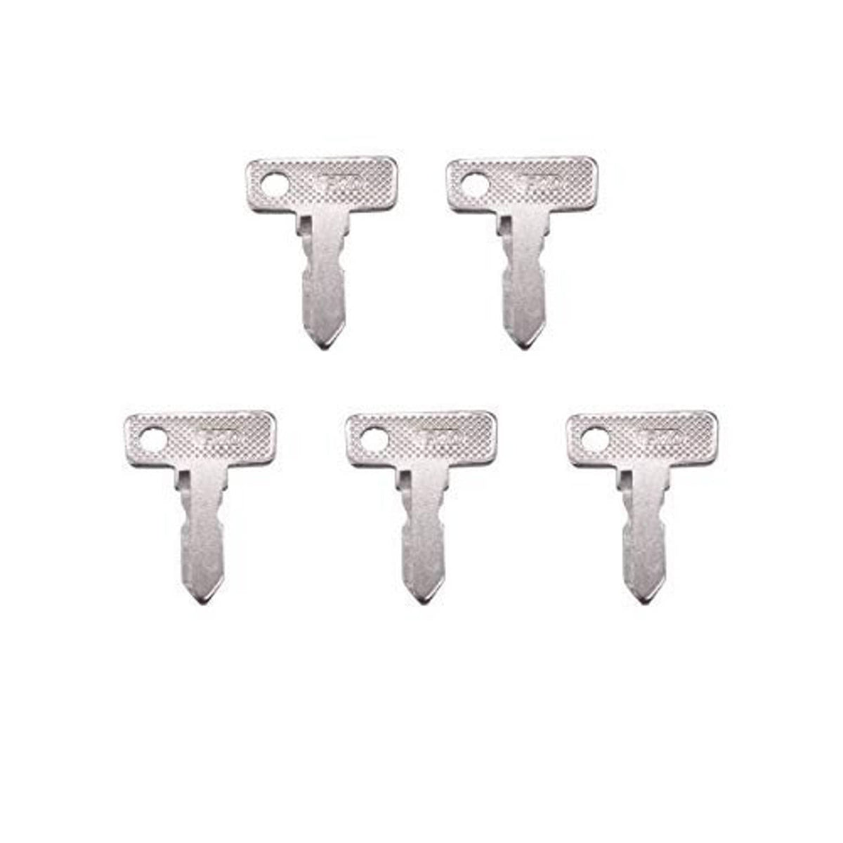 Set of five metal ignition keys with textured rectangular heads and pointed blades