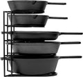 Black 5-tier pan organizer rack holding multiple cookware pans with long handles