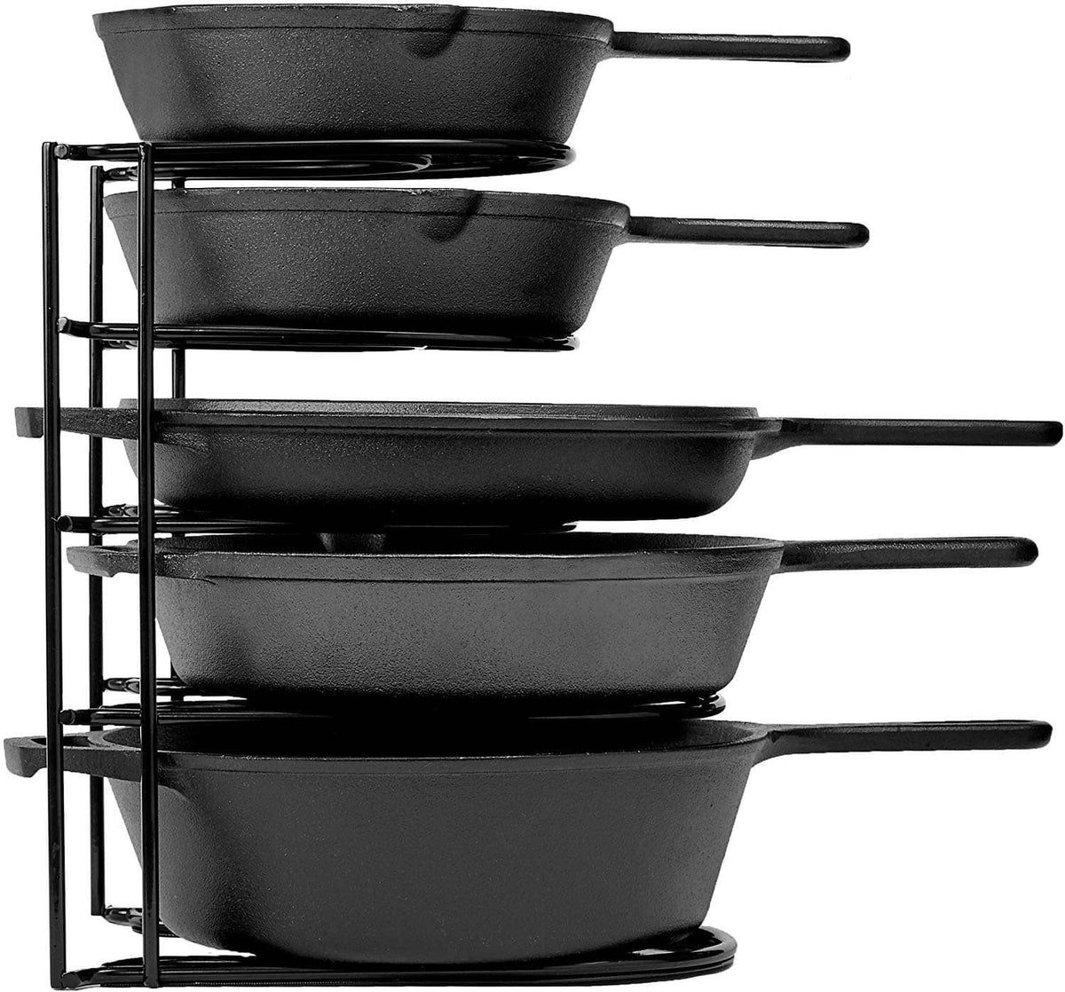 Black 5-tier pan organizer rack holding multiple cookware pans with long handles