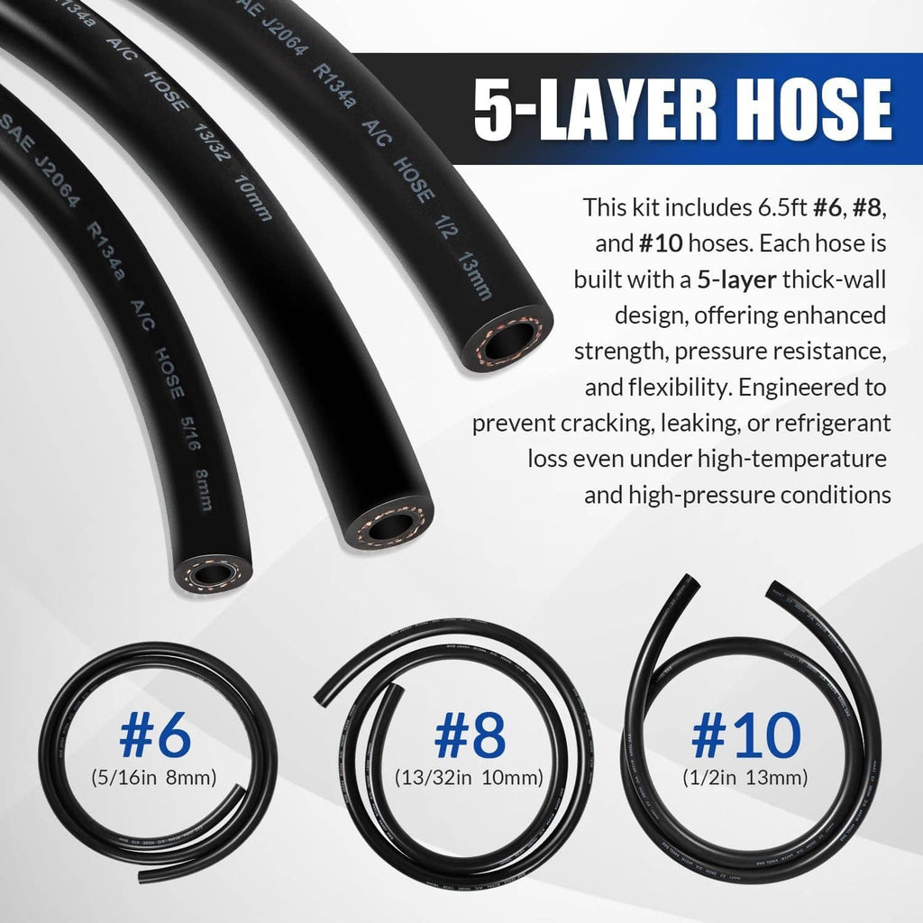 5-layer A/C hose kit with three black hose sizes labeled #6, #8, and #10