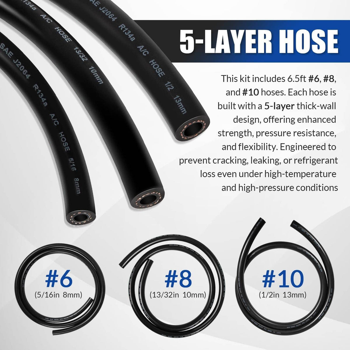 5-layer A/C hose kit with three black hose sizes labeled #6, #8, and #10