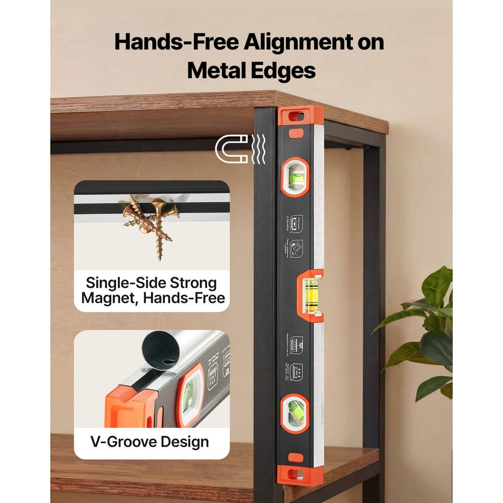Black and orange torpedo level with magnet and V-groove edge guide