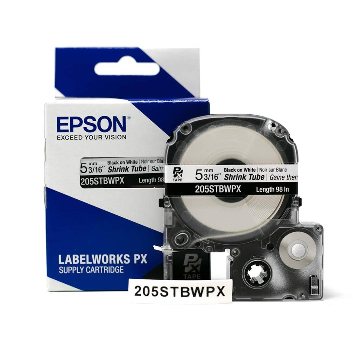 LabelWorks PX heat shrink tube cartridge with black-on-white 5mm tube on spool, 98in
