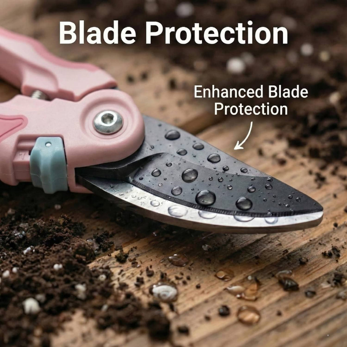 Pink pruner blade with protective guard over the metal cutting edge