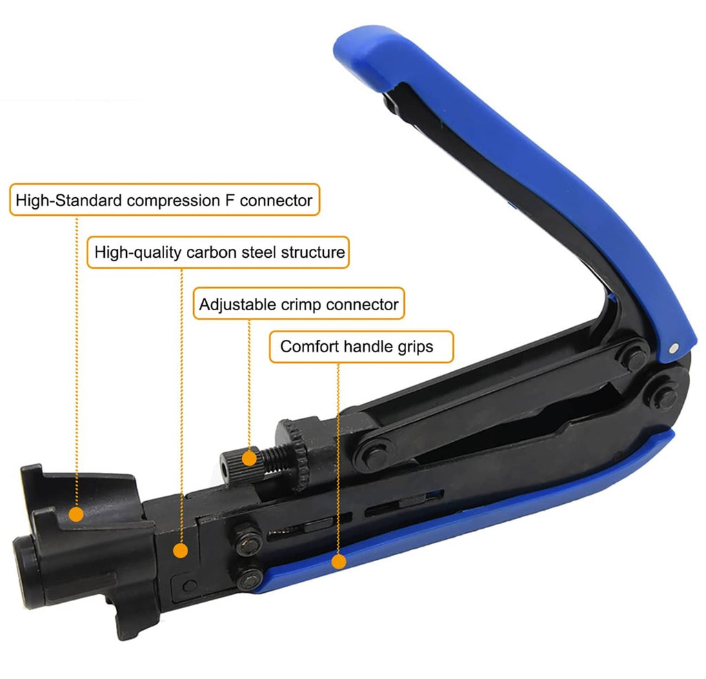Adjustable coax F-connector compression crimper with comfort grip handles