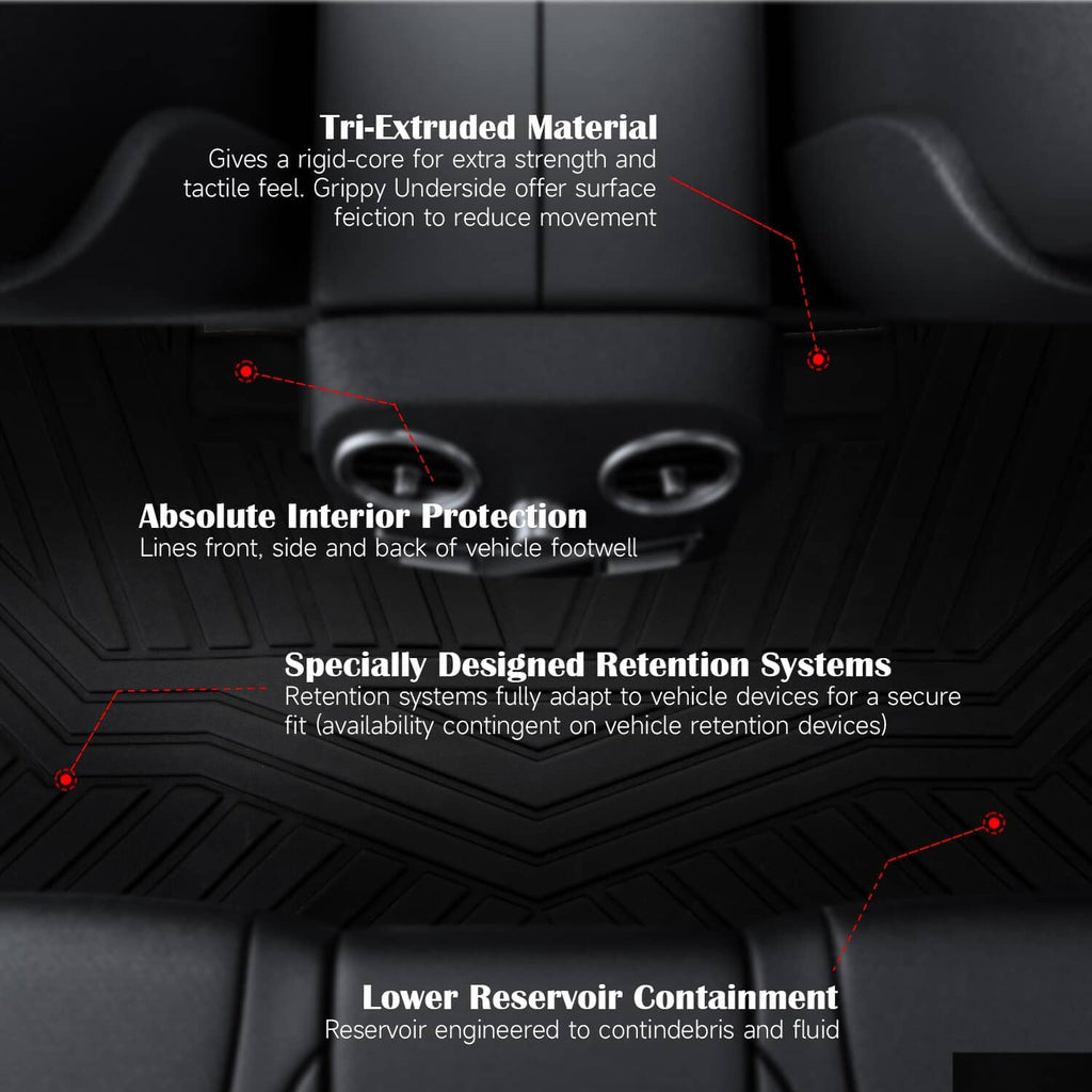 Black floor liner mat with highlighted retention and containment zone layout