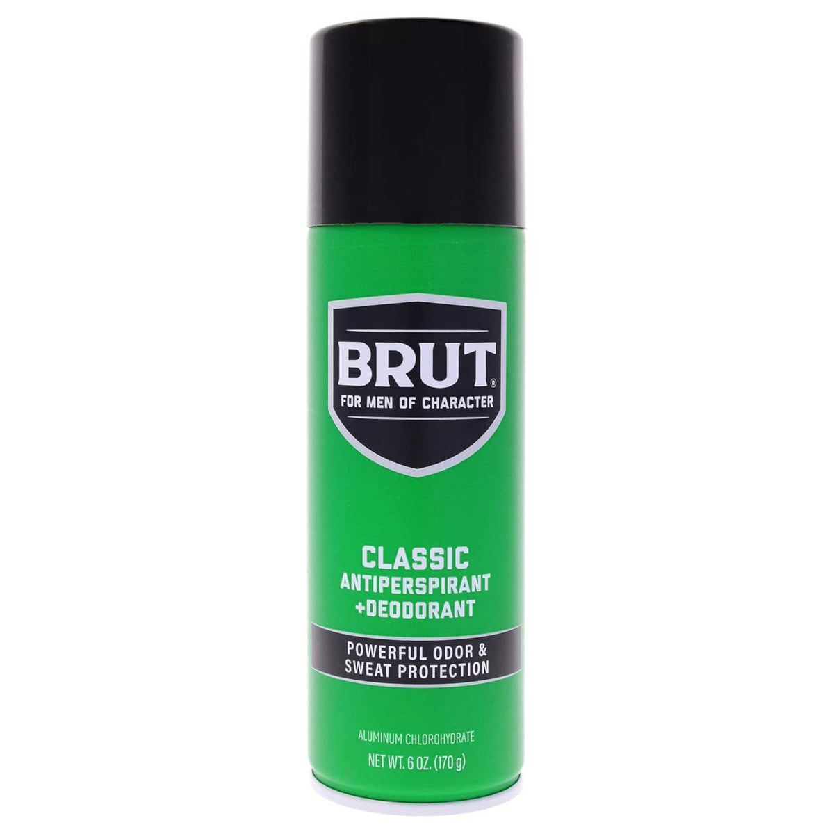 BRUT Classic antiperspirant deodorant spray, green can with black cap.