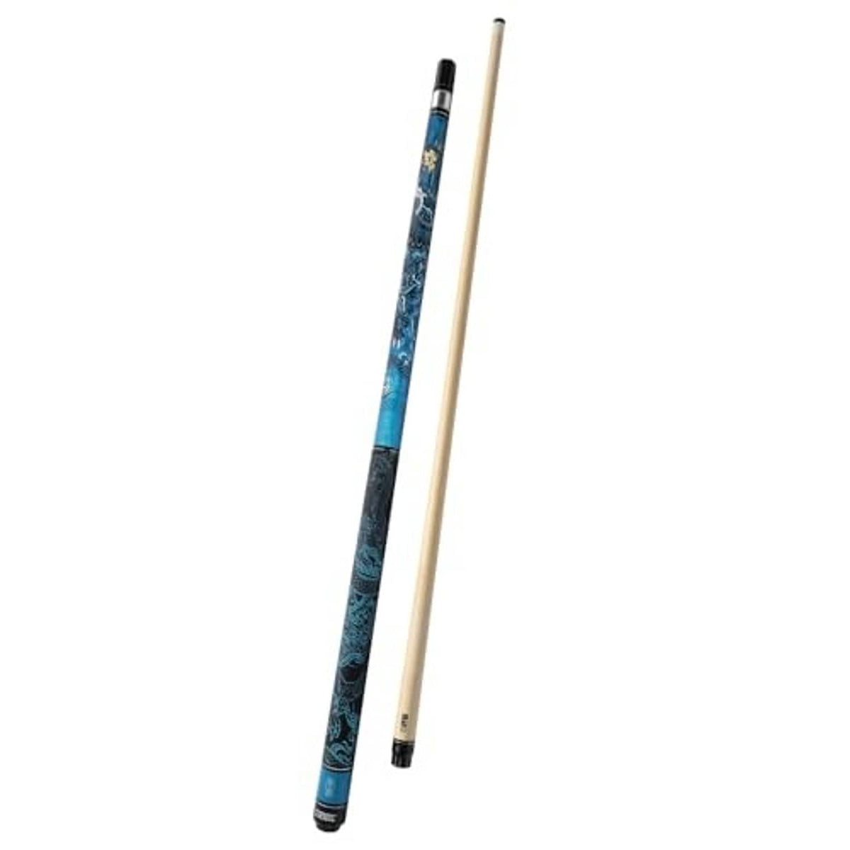 Blue and dark patterned pool cue with light wood handle and black tip