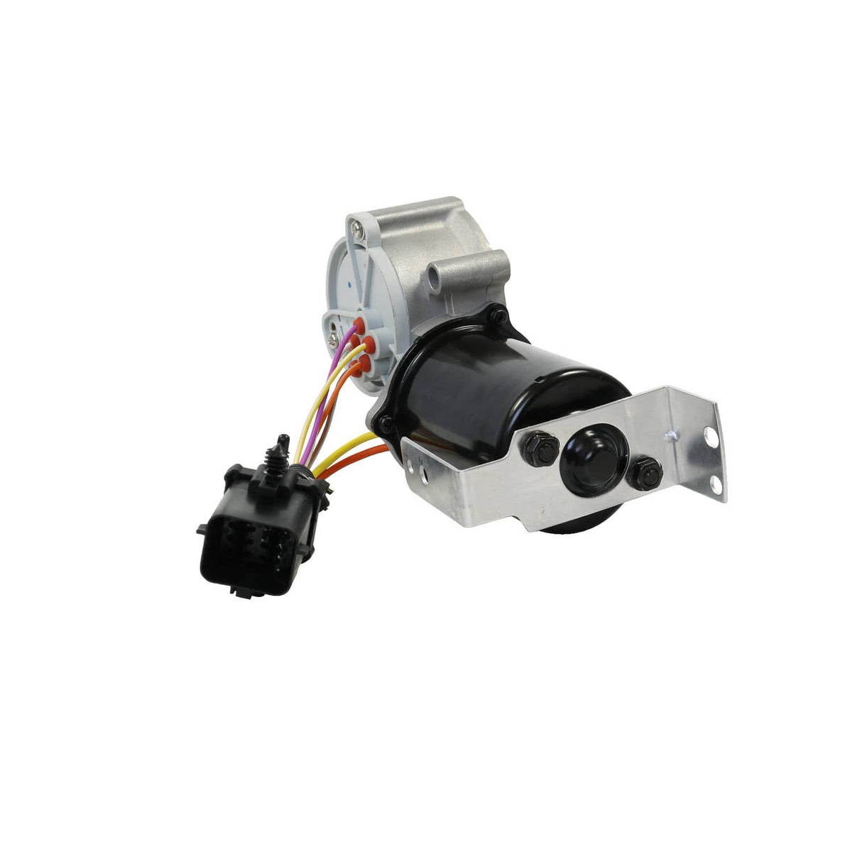Transfer case shift motor with silver brackets, black actuator, and multi-wire connector