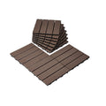 Dark brown interlocking plastic wood deck tiles, square 12x12 in, overlapping set