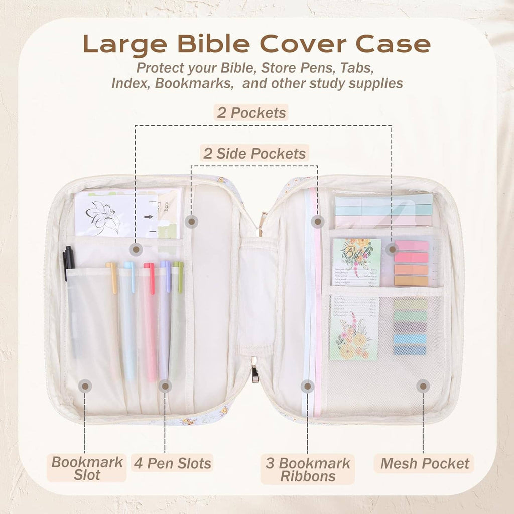 Floral large Bible cover case interior with mesh pocket, bookmark ribbons, and pen slots