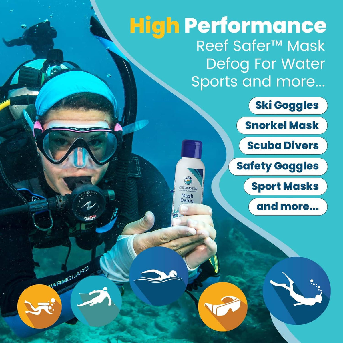 Mask defog spray bottle with blue cap floating underwater