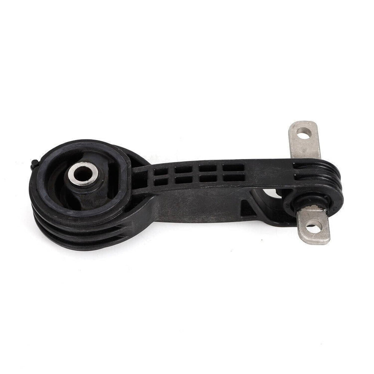 Engine mount with black rubber bushing and long black arm with mounting holes