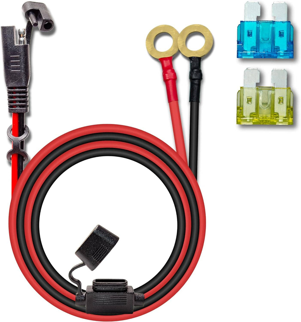 Coiled red/black charger harness with ring terminals and blade fuse set
