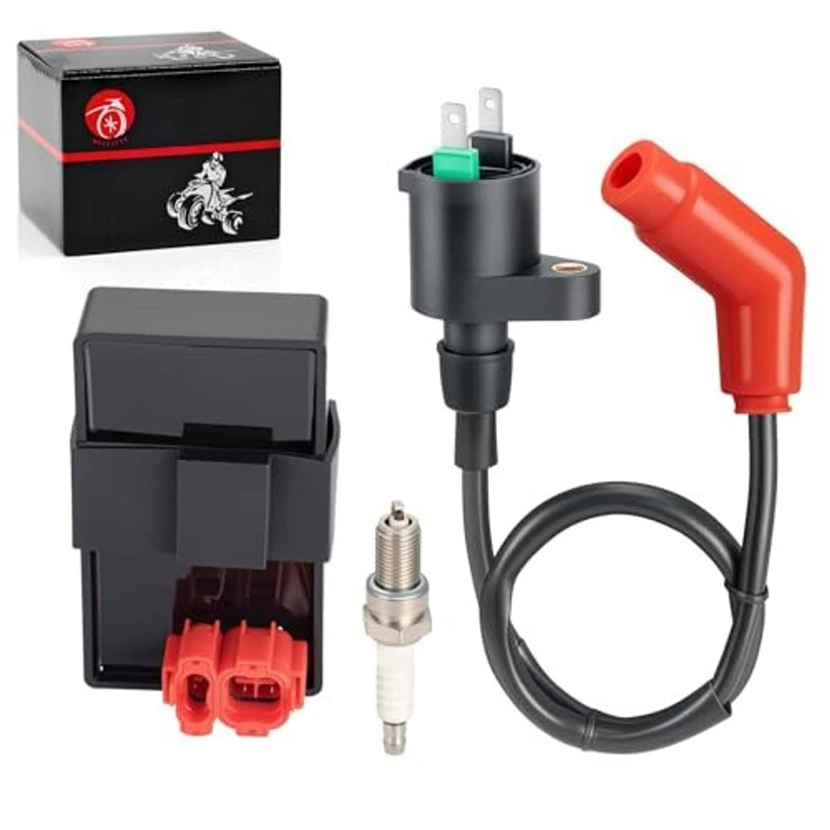 Ignition coil, CDI box, and spark plug kit with black cable and red connector