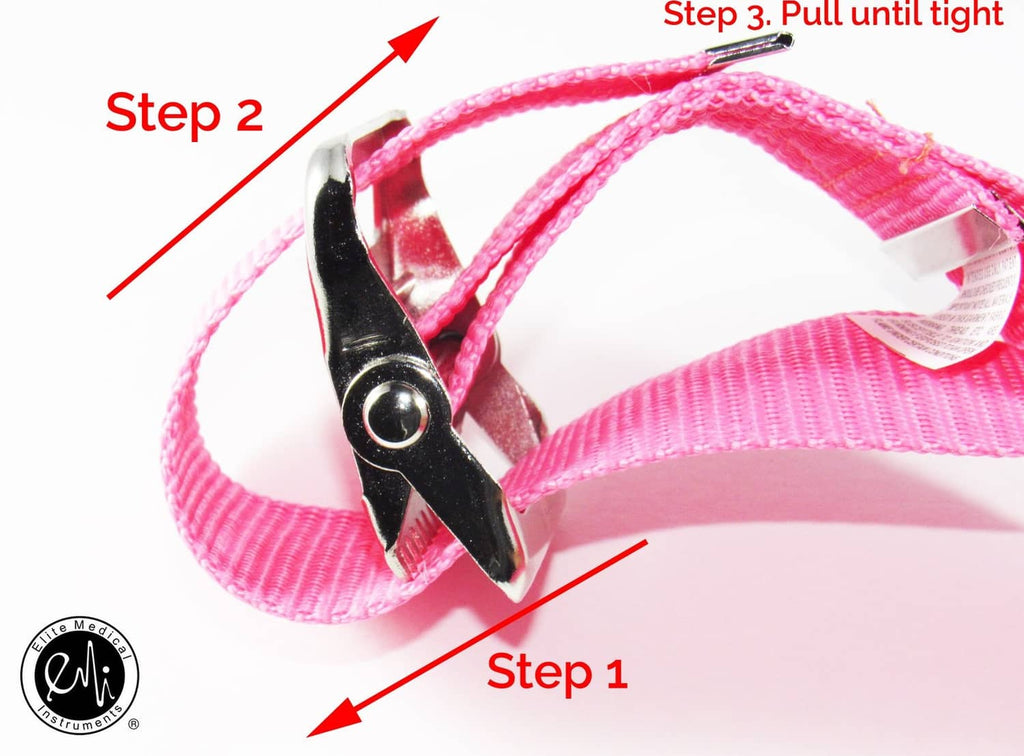 Pink polyester gait transfer belt with metal buckle and strap loop detail