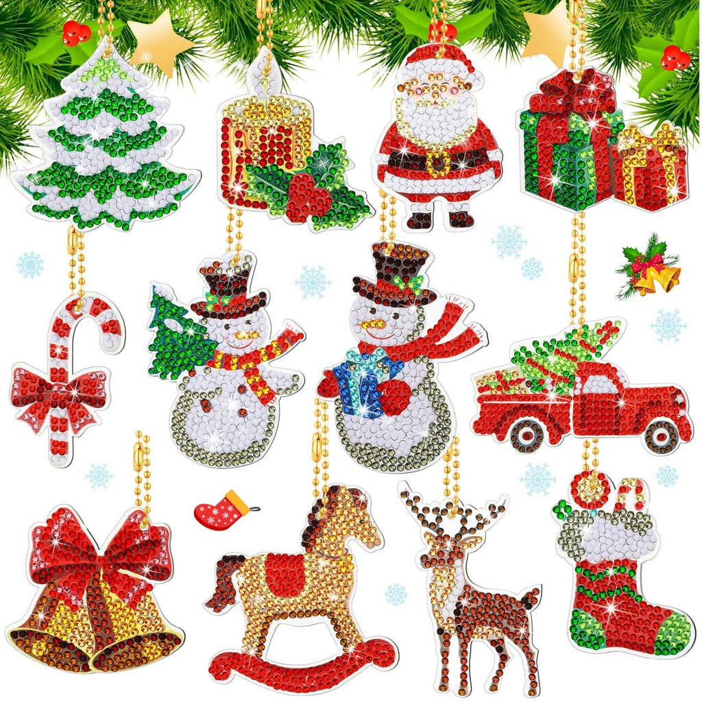 Diamond art Christmas ornament set with assorted tree, Santa, snowman, reindeer, and gifts