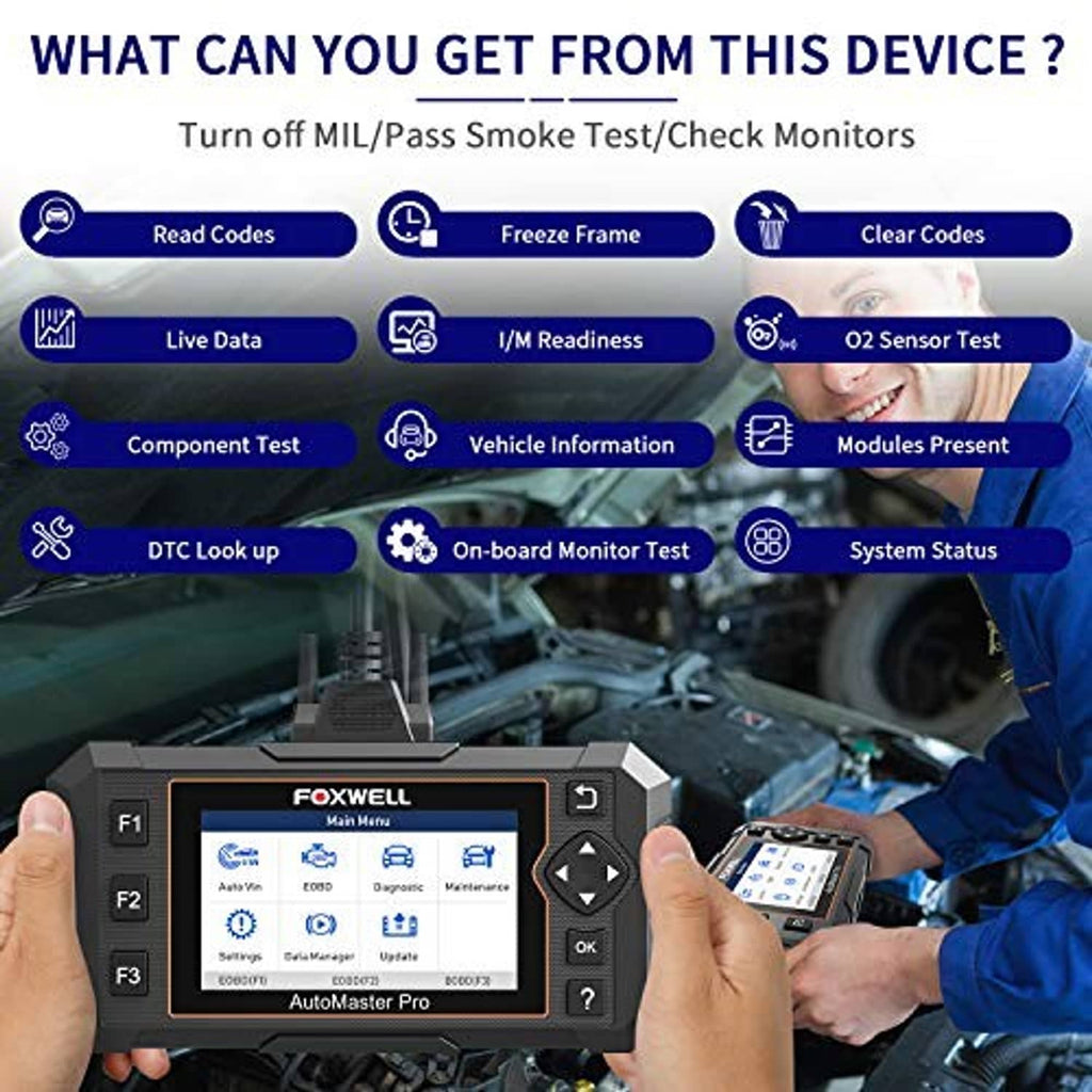 FOXWELL AutoMaster Pro handheld OBD2 scanner with menu screen and control buttons