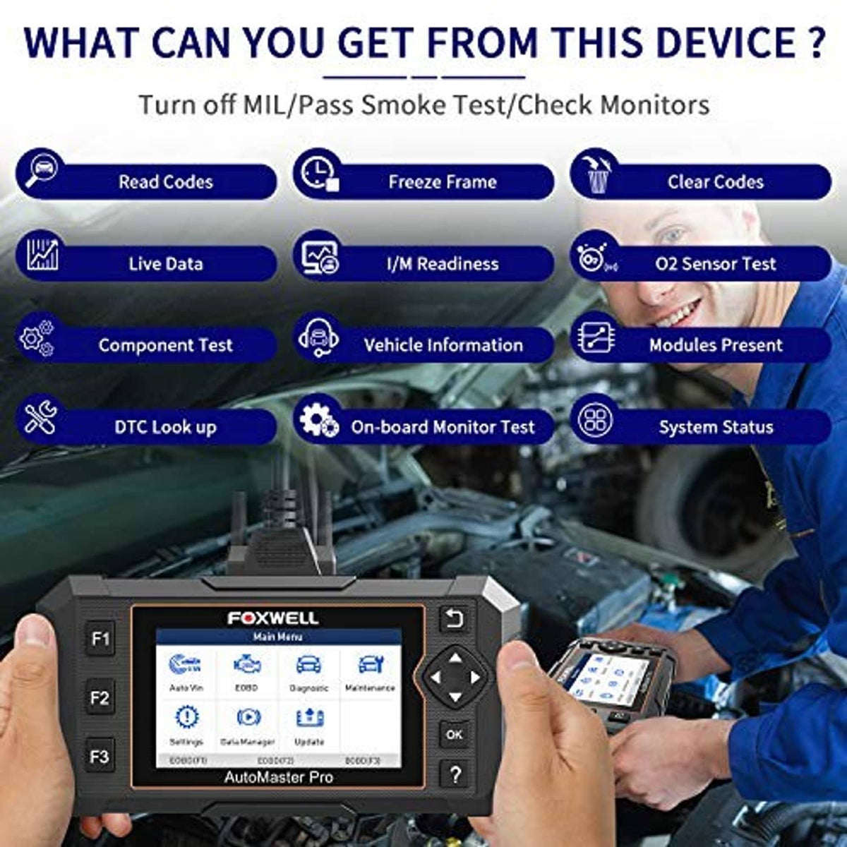 FOXWELL AutoMaster Pro handheld OBD2 scanner with menu screen and control buttons