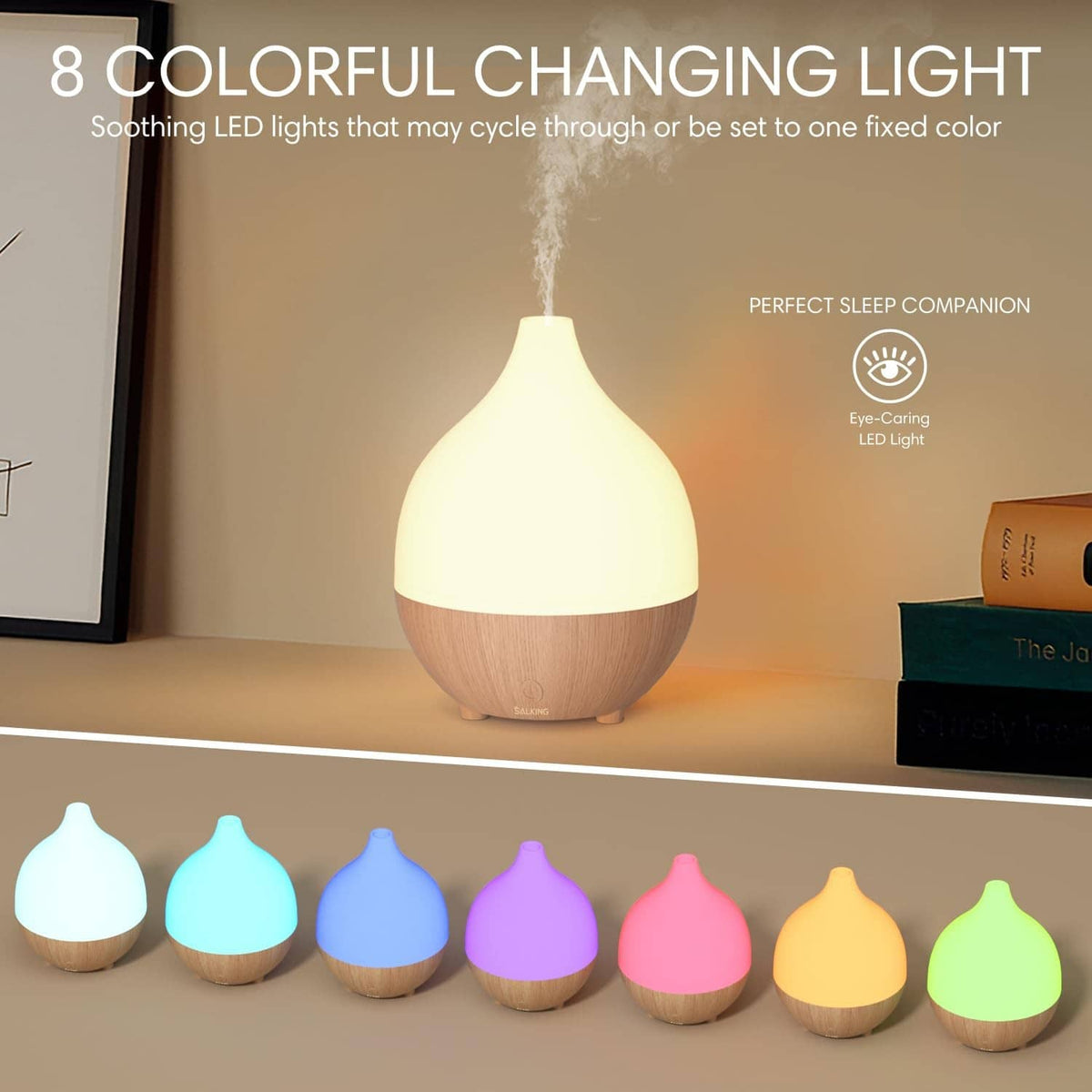 Color-changing LED essential oil diffuser set with glowing diffuser and multiple base colors