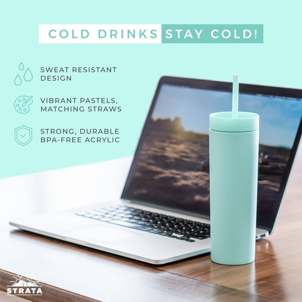 Light blue skinny tumbler with lid and straight drinking straw