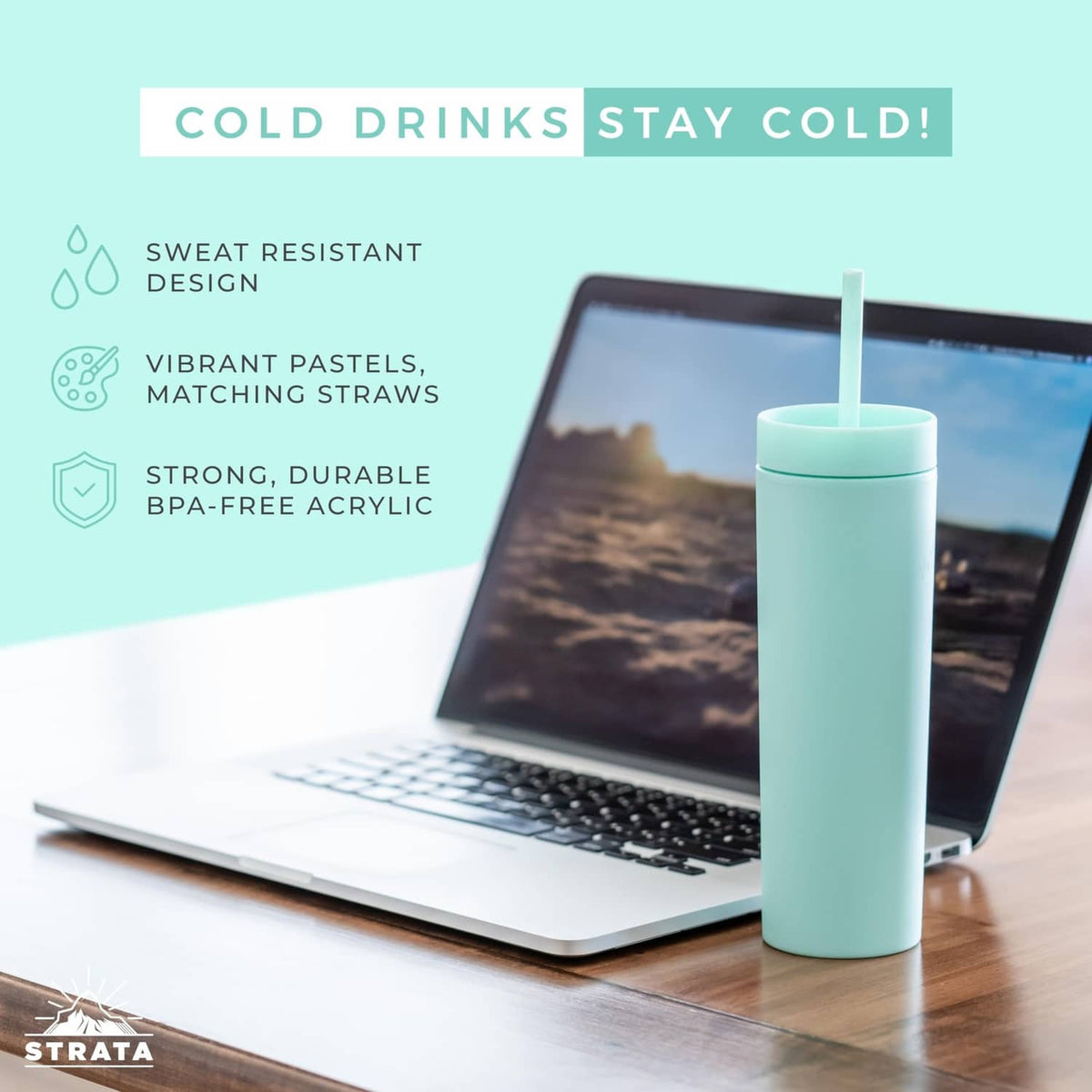 Light blue skinny tumbler with lid and straight drinking straw