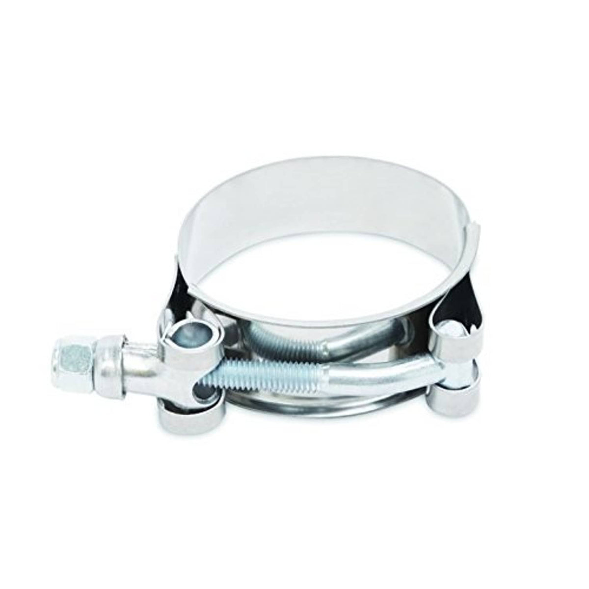 Stainless-steel T-bolt hose clamp band with threaded screw and tightening hardware