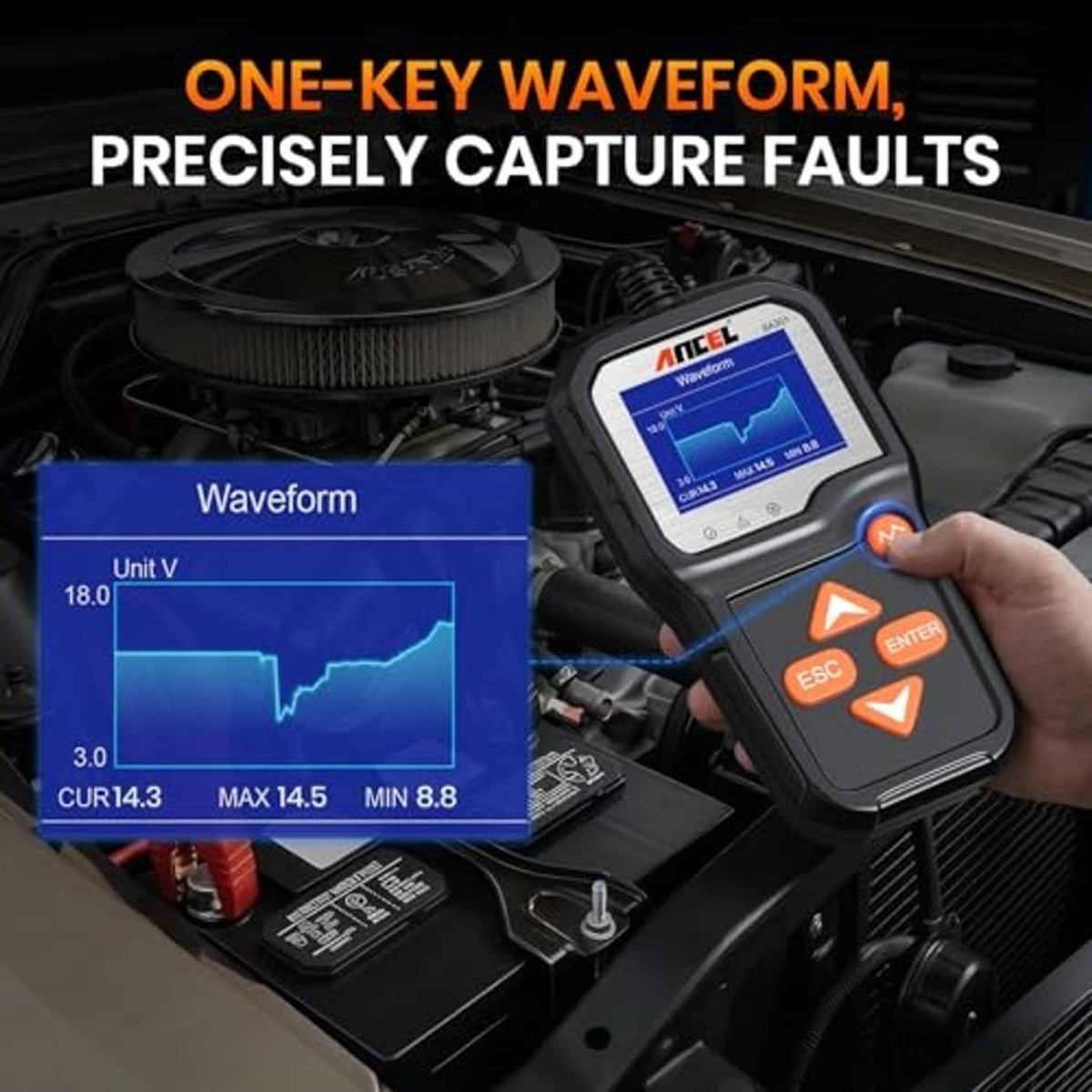 Battery tester displaying waveform screen next to car engine compartment