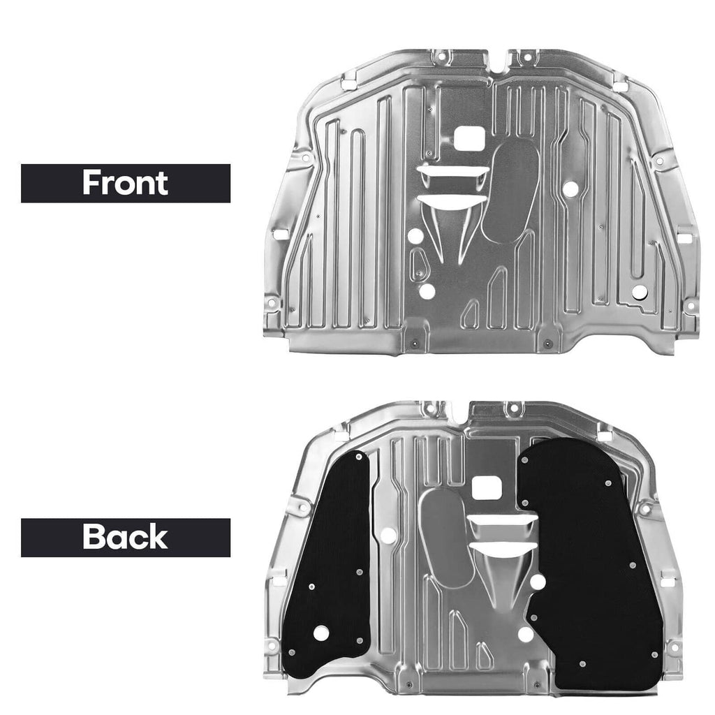 Front and back under-engine splash guard plates, metal shields with cutouts