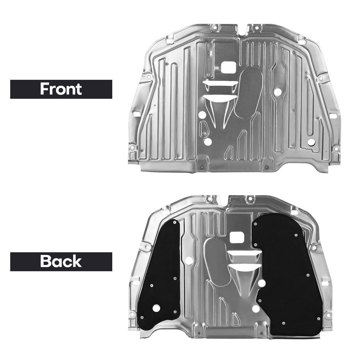 Front and back under-engine splash guard plates, metal shields with cutouts